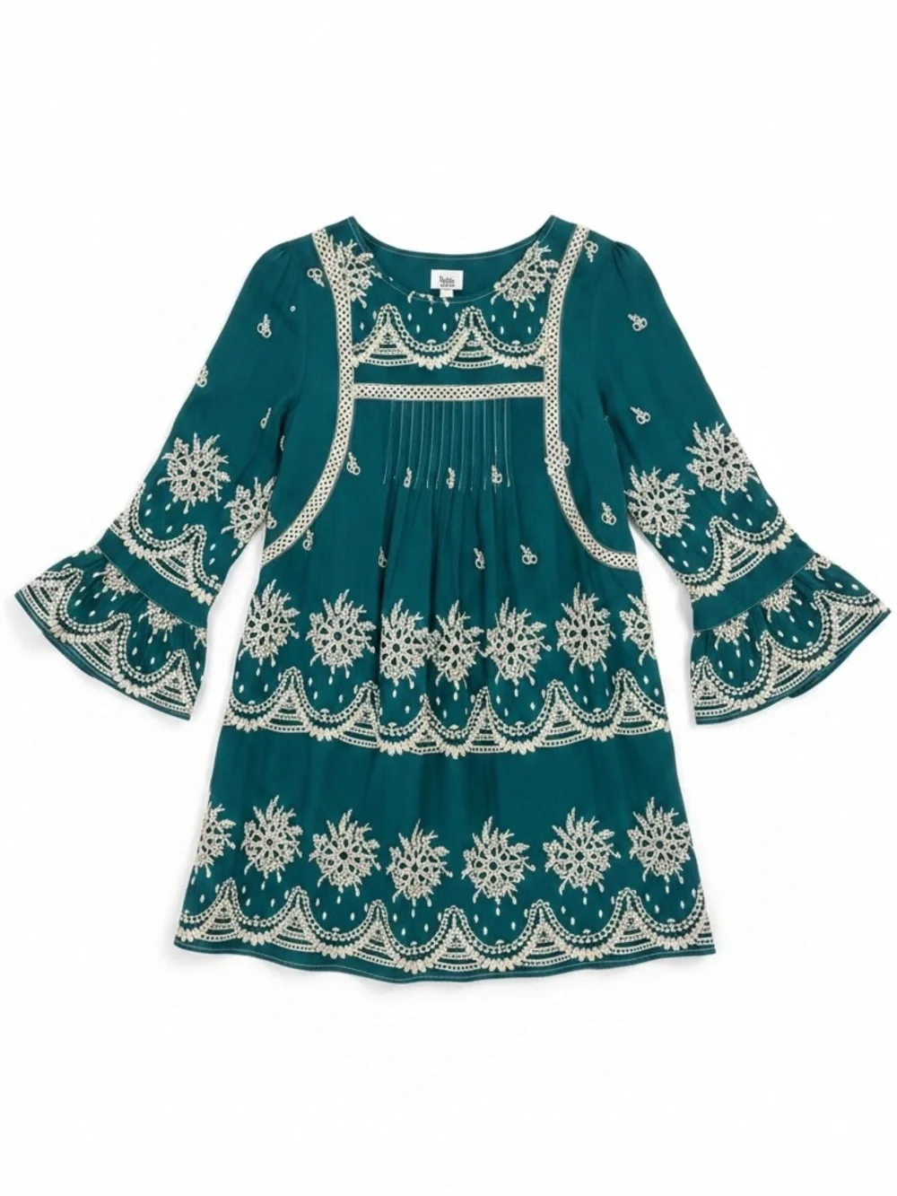 Ivy Jane Boho Embroidered Eyelet Detail 3/4 Sleeve Dress Emerald Green Size XS - Picture 1 of 8